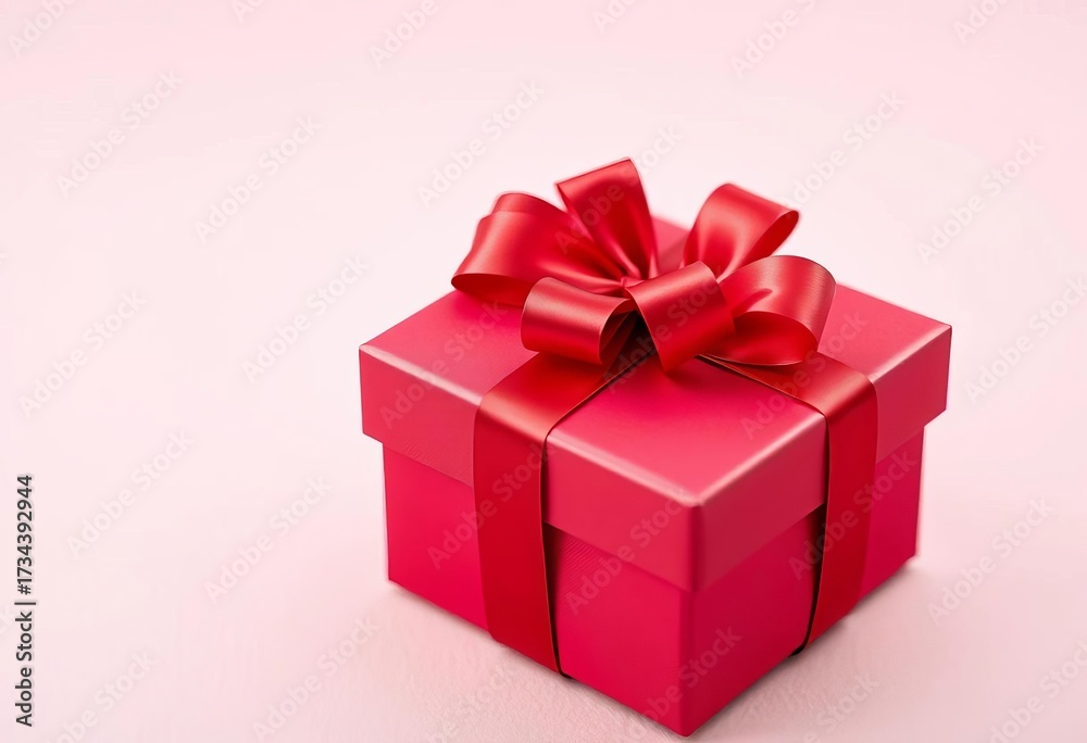 Fototapeta premium A crimson gift box with a satin ribbon, tied in a bow, gift, festive