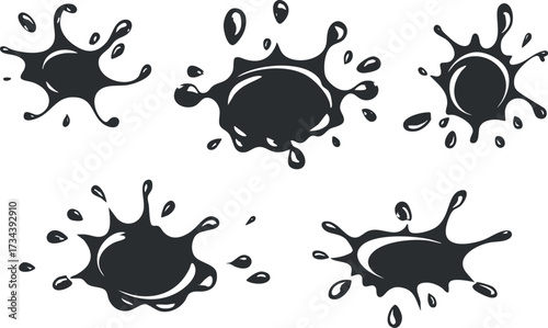 A collection of artistic black liquid splashes and drops in various shapes and sizes..