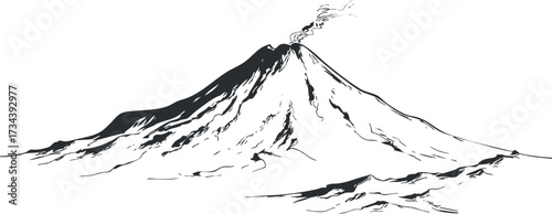 A detailed black and white illustration of a volcano with smoke and ash erupting..