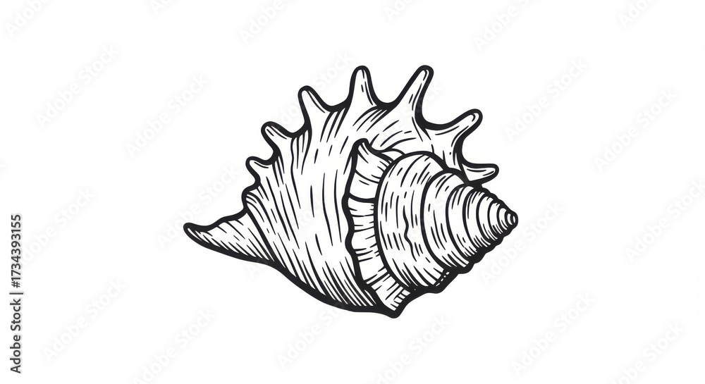 Fototapeta Detailed black and white drawing of a spiky sea shell with intricate line work, perfect for