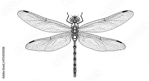 Detailed black and white line art illustration of a dragonfly on a white background