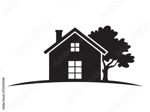 Rustic farmhouse silhouette with agricultural elements isolated on white background