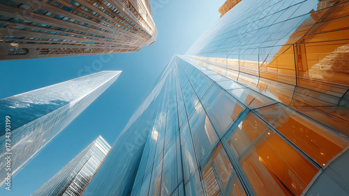 Tall skyscraper with geometric windows and steel framing.