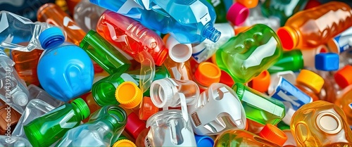 Close-up of crushed plastic bottles ready for recycling, nature, factory
