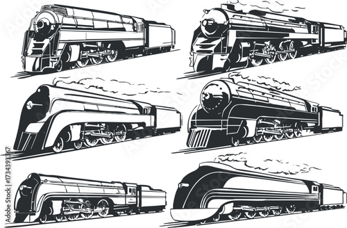 A collection of vintage steam locomotives illustrated in black and white showcasing classic train designs..