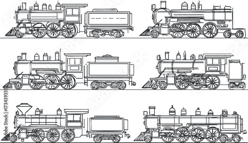 A collection of vintage steam locomotives illustrated in black and white, showcasing classic design..