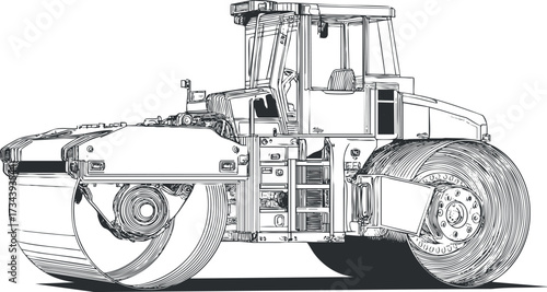 A detailed outline of a heavy construction roller used for roadwork and infrastructure..