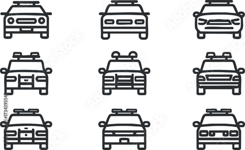 Collection of various police car icons in different views and designs for law enforcement illustrations..