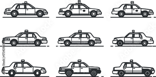 A collection of simple black and white taxi icons showcasing various angles and styles..
