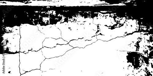 Cracked wall texture in high contrast black and white, perfect for grunge backgrounds, decay effects, or aged urban design references.
