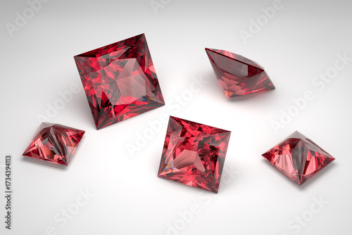 Scattering of rubies of different sizes on the white background. Exhibition of precious stones. Cut in princess style. 3d rendering.