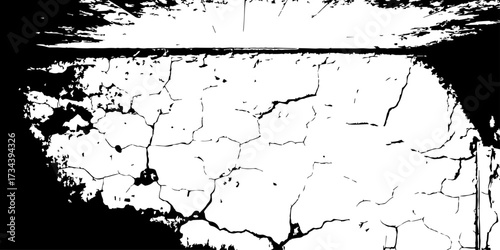 Illustrate abstract broken ground, with bold black cracks creating sharp geometric patterns across a white surface."