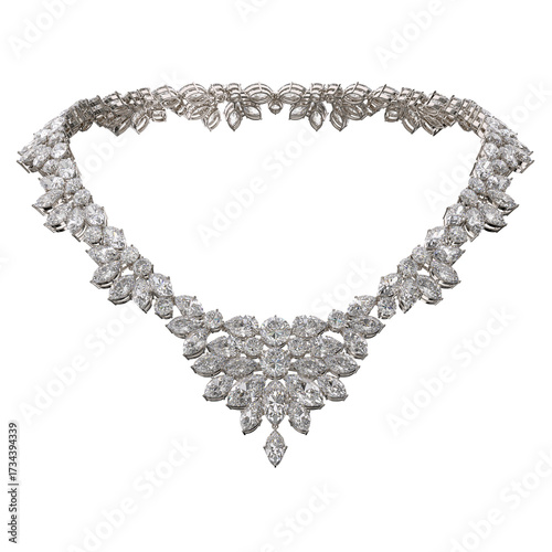 Luxurious diamond necklace on isolated transparent background. Jewelry showcase. 3d rendering.