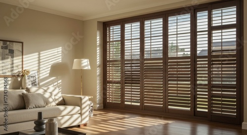 Elegant interior featuring dark wood shutters in a sunlit modern living room