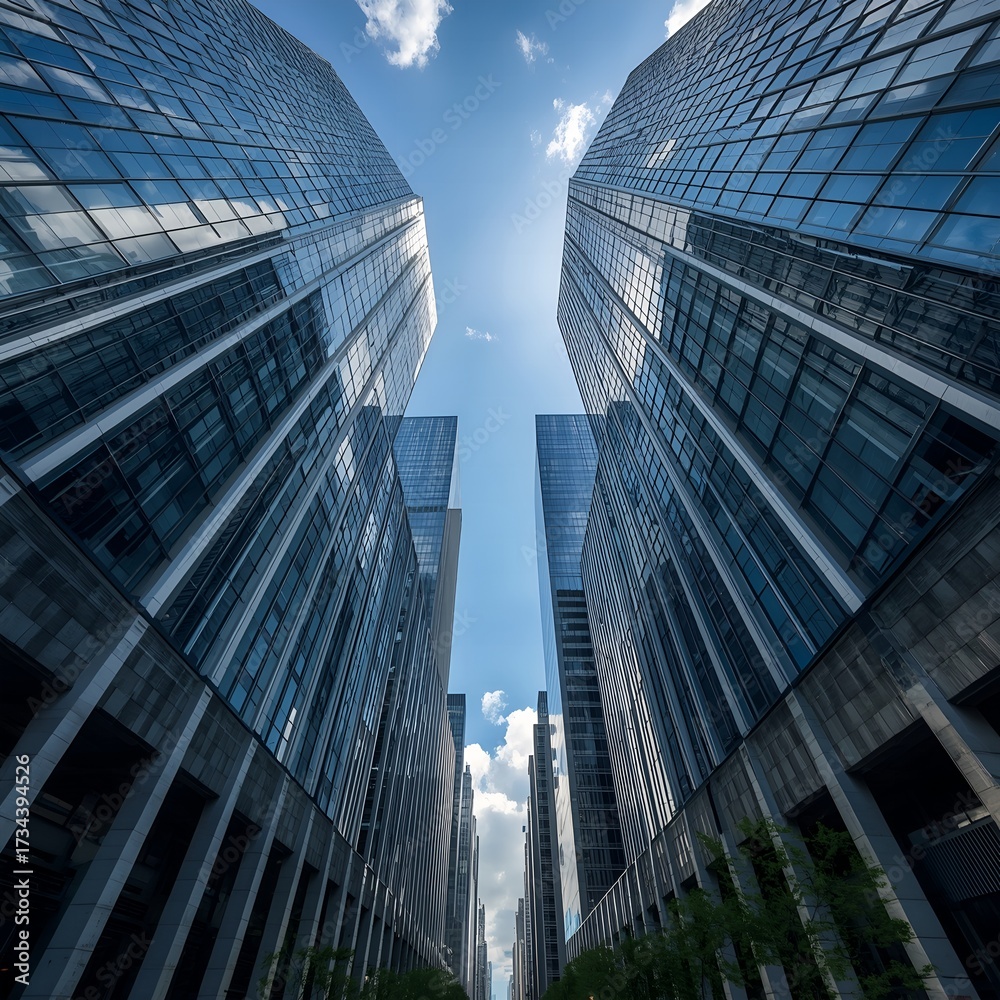 Fototapeta premium Symmetrical Cityscape with Reflective Towers – Dramatic Urban Architecture Perspective
