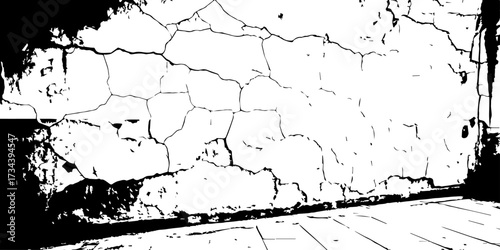 Cracked wall texture in high contrast black and white, perfect for grunge backgrounds, decay effects, or aged urban design references.
