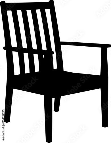 A simple wooden armchair with a slatted back and arms isolated on white background silhouette

