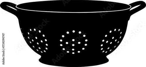 Black silhouette of a kitchen colander with many small holes and two handles isolated on white background
