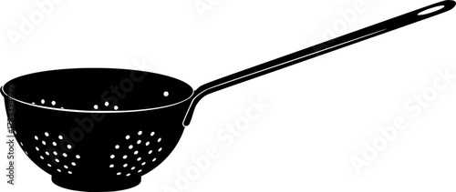 Black silhouette of a kitchen colander with a long handle isolated on white background
