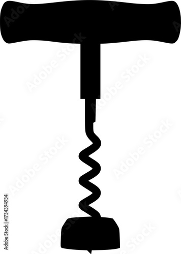 Black silhouette of a classic t shaped corkscrew for opening wine bottles isolated on white background
