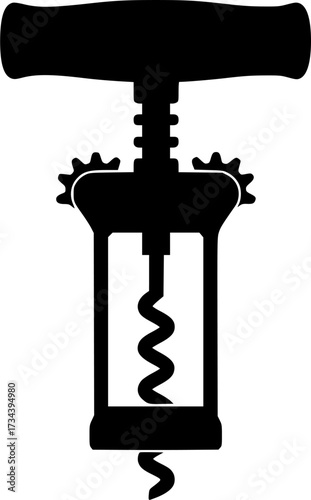 Black silhouette of a classic t shaped corkscrew for opening wine bottles isolated on white background
