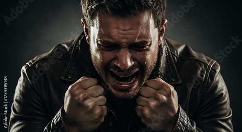Man expressing intense emotion portrait dramatic lighting isolated dark background