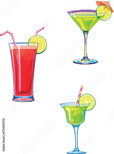 Vsai refreshing summer cocktails drinks with lime and straws