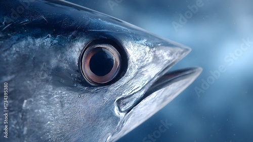 Macro detailed eye close-up of a Bluefin Tuna shimmering