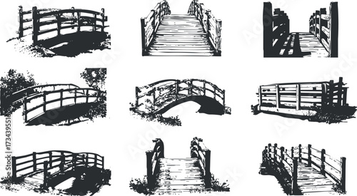 A collection of hand-drawn sketches of various wooden bridges in natural settings..