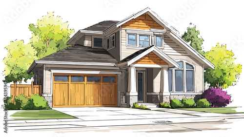 Modern Home with Garage Door Vector Illustration for Real Estate Marketing