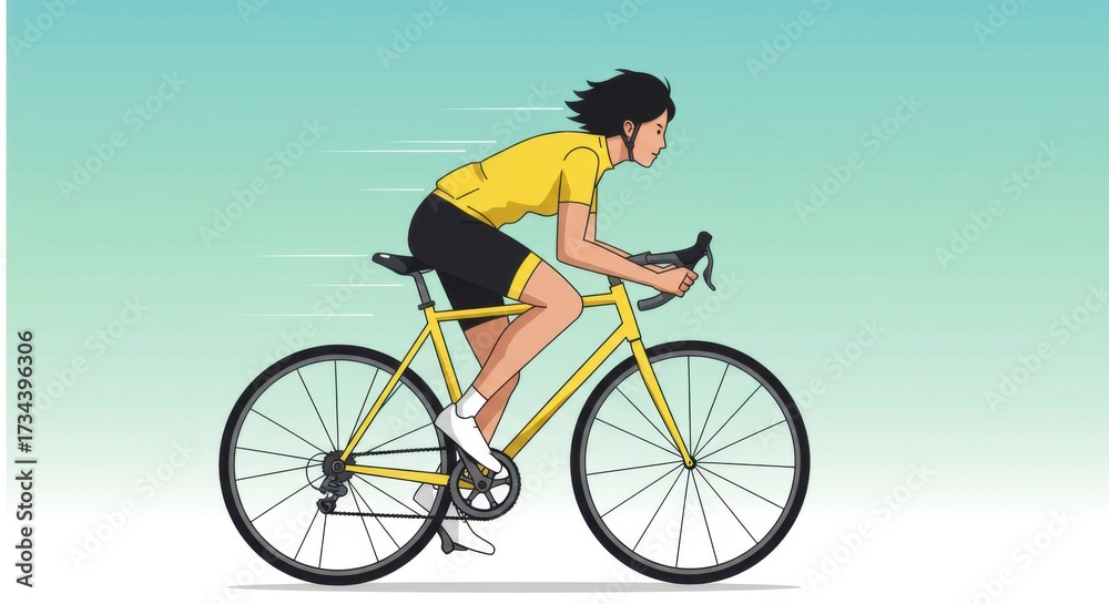 Obraz premium Illustration of a woman riding a yellow road bike in motion with blurred background