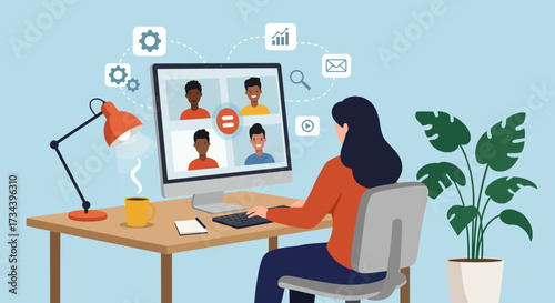 Remote Collaboration A Woman Engaged in a Video Conference Meeting with Diverse Colleagues