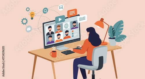 Woman participating in a video conference call for remote work or online learning from home