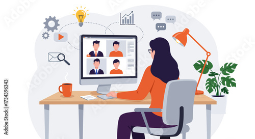 Illustration of a woman participating in a video conference, working from home, and collaborating remotely with colleagues online