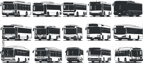Collection of various bus silhouettes showcasing different models and angles for transportation design..