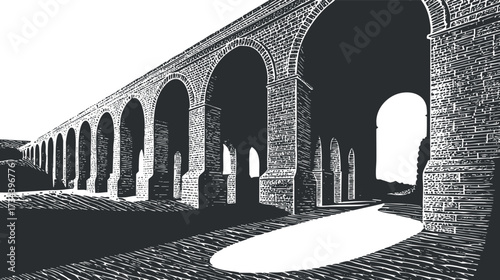 Illustration of a historic aqueduct with arches and a pathway in a black and white style..