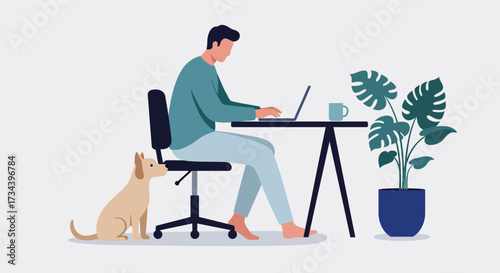 Man working on a laptop at a desk with a dog sitting nearby, symbolizing remote work and companionship