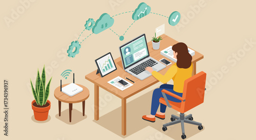 Home office setup illustration featuring a woman working on a laptop, with cloud technology icons and a router on her desk, symbolizing remote work and connectivity