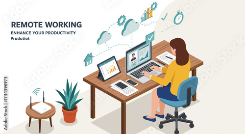 Modern remote work A dedicated woman efficiently working from her home office, using a laptop for digital collaboration and cloud connectivity in a comfortable living space