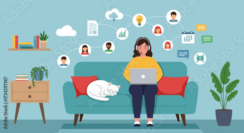Young woman working remotely from her comfortable home sofa, effortlessly connecting with colleagues and friends online, showcasing the modern digital work-life balance and social connectivity