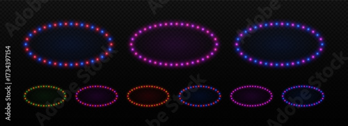 Oval light neon bulbs frame. Retro border with led glow for advertising cinema, circus and theater.