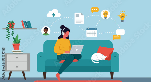 Remote Work and Connectivity A Cozy Scene of a Woman Working from Home with Digital Integration