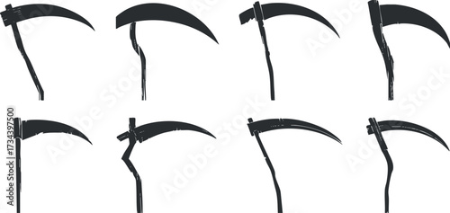 A collection of scythes showcasing various designs and styles used for harvesting crops..