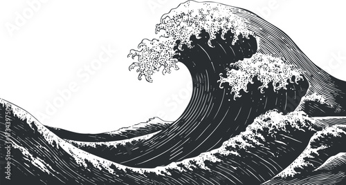 A stylized illustration of powerful ocean waves in black and white design..