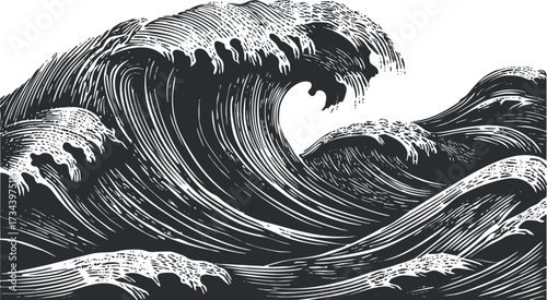 A dramatic illustration of crashing ocean waves in black and white showcasing movement and energy..