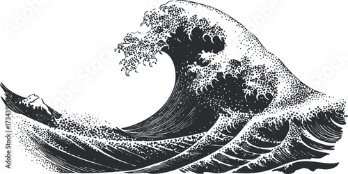 A dramatic illustration of a crashing ocean wave showcasing power and motion in black and white..