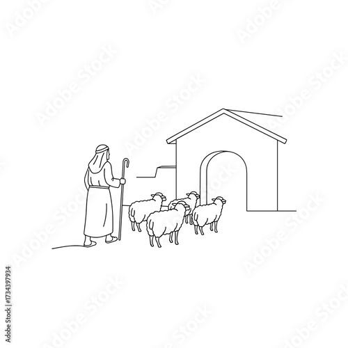 Shepherd guiding sheep towards a stable in a biblical scene concept of Christmas  