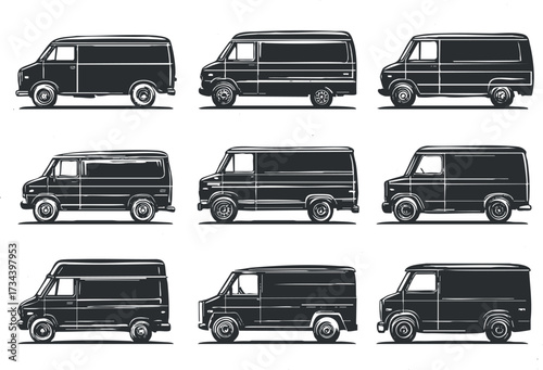 Illustration of various black vans in side view showcasing different designs and styles..