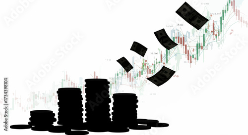 Financial Growth Stacks of Coins and Currency Rising Against Stock Chart