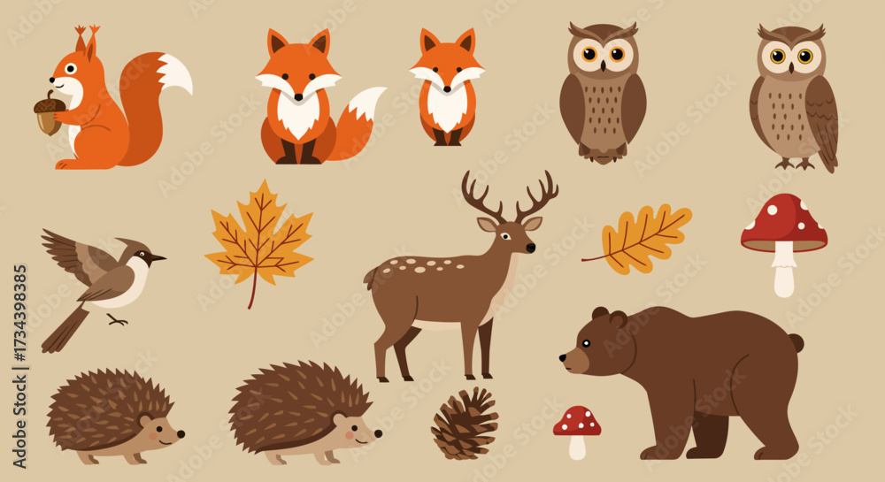 Obraz premium Assorted woodland creatures foliage and fungi illustrations on a beige background